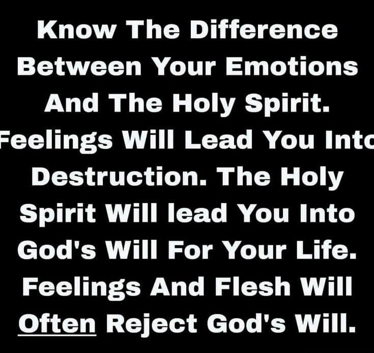 Know The Difference Between Your Emotions And The Holy Spirit. Feelings Will Lead You Intc Destruction. The Holy Spirit Will lead You Into God's Will For Your Life. Feelings And Flesh Will Often Reject God's Will.